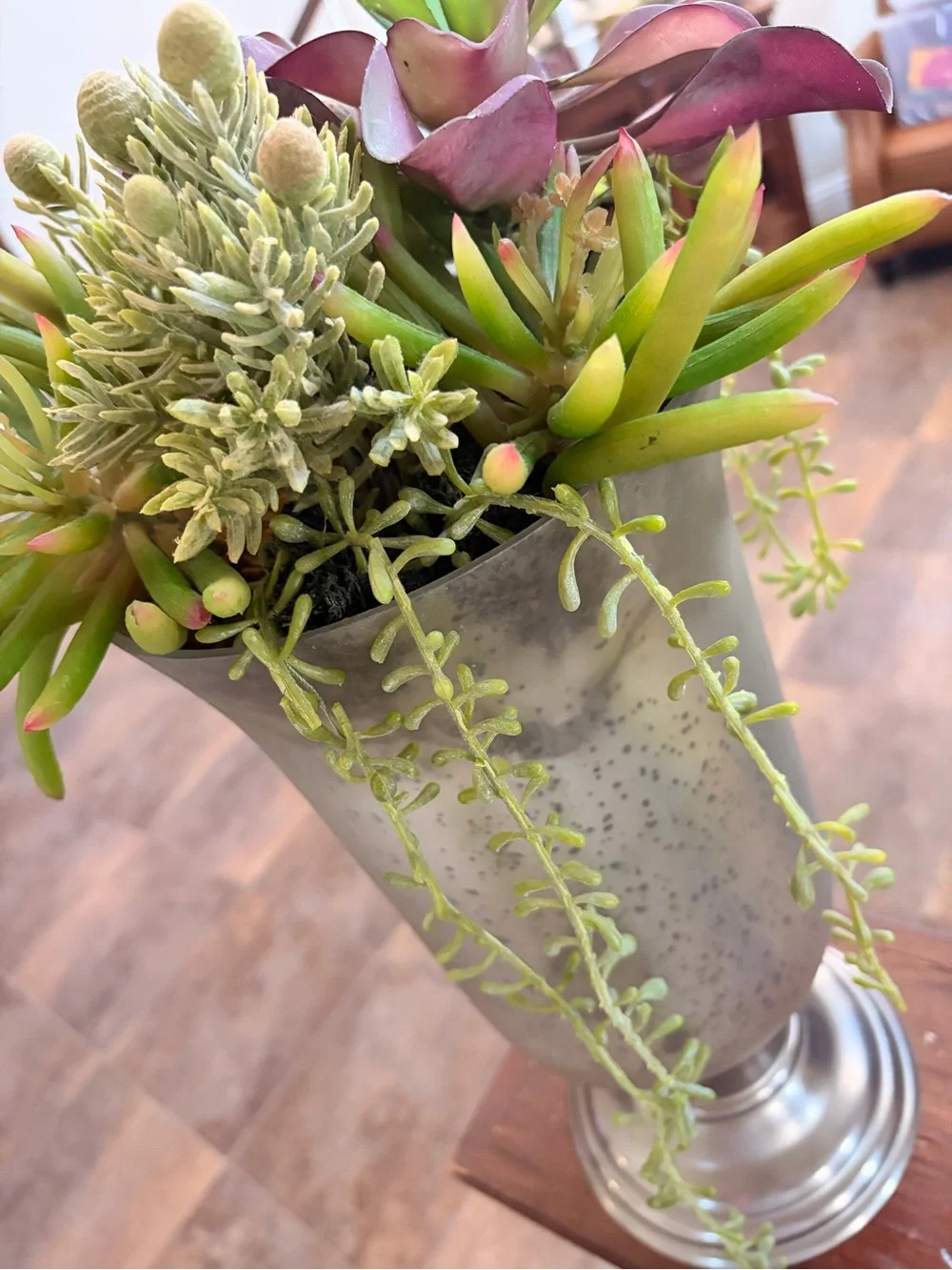 Metallic Silver Decorative Urn Vase with Green Succulent Accents